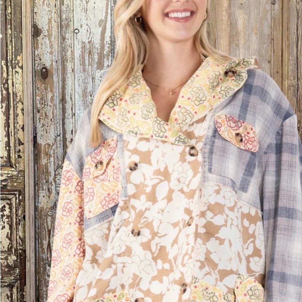 Boho Patchwork Floral & Plaid Jacket - Yellow/Gray - Picture 4 of 4